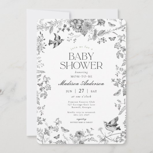 ブラックトイレデジュイヴィンテージフローラベビーシャワー 招待状 (正面)