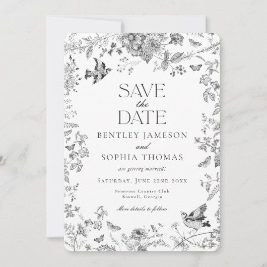 ブラックトイレデジュイヴィンテージフローラ保存日 招待状 (正面)