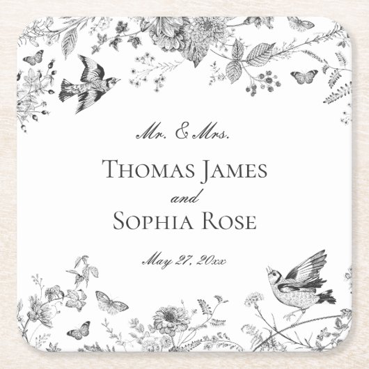 ブラックトイレデジュイヴィンテージ結婚フローラ スクエアペーパーコースター (正面)