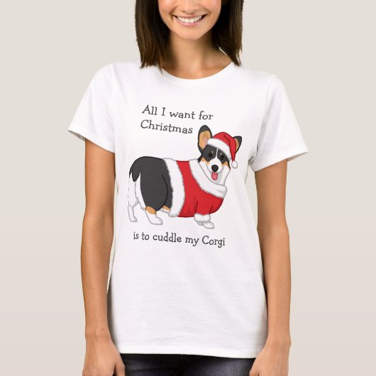 ブラックトリカラーペンブロークウェルキュートクリスマスコーギ Tシャツ (正面)