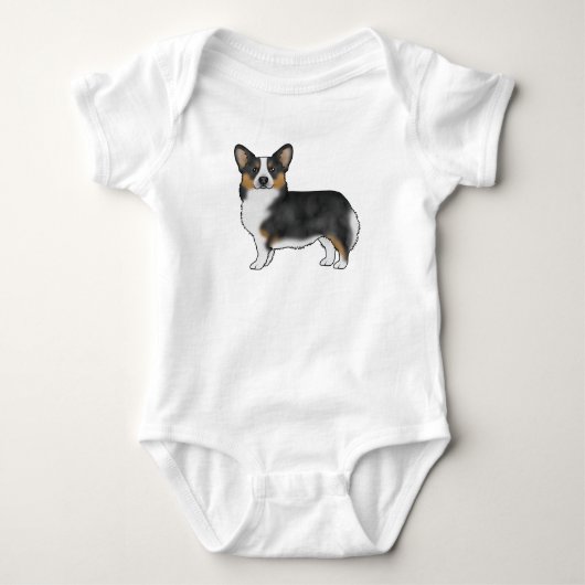 ブラックトリカラーペンブロークドアートウェルシュコーギードッグアートデザイン ベビーボディスーツ (正面)