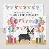 ブラックトリカラーペンブロークバースデーウェルシュコーギーかわいい誕生日 招待状 (正面/裏面)