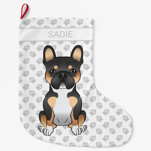 ブラックトリコフランスのールブルドッグフレンチー犬と名前 ラージクリスマスストッキング (正面)