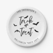 ブラックトリックまたはトリートタイポグラフィとこうもりハロウィーン ペーパープレート (正面)