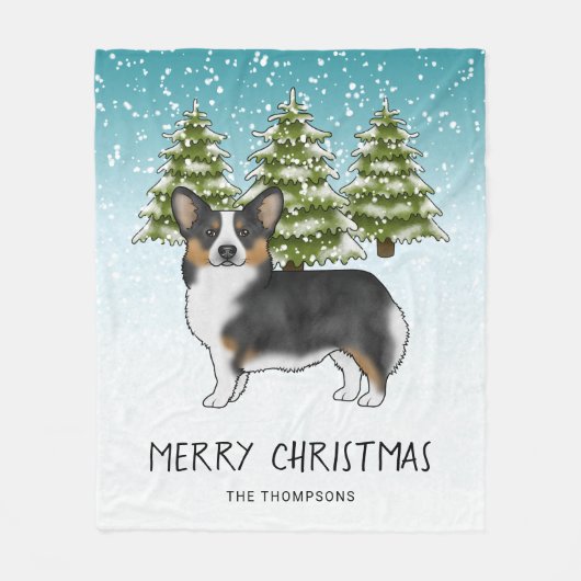 ブラックトリペンブロークコーギ雪の森クリスマス フリースブランケット (正面)