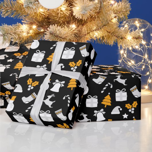 ブラックトレンディークリスマスシームレスパターン ラッピングペーパー (クリスマス)