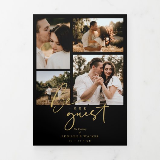 ブラックトレンディースタイリッシュとコラージュ結婚の7枚の写真 三つ折り招待状 (カバー)