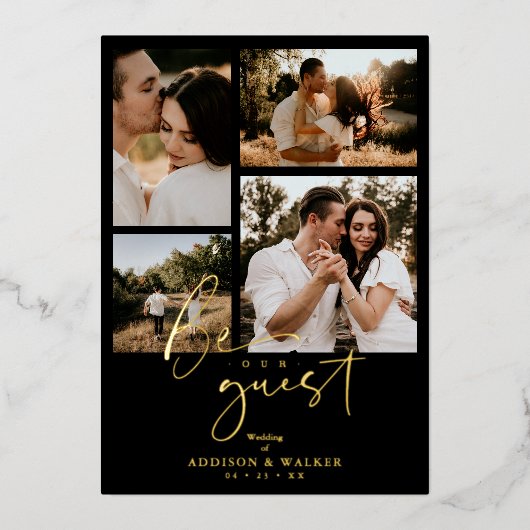 ブラックトレンディー結婚コラージュの4枚実在金額 箔招待状 (正面)