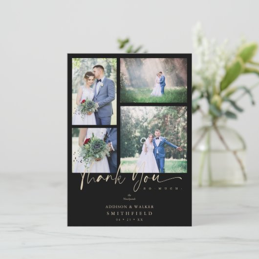 ブラックトレンディー結婚コラージュの4枚 サンキューカード (スタンド正面)