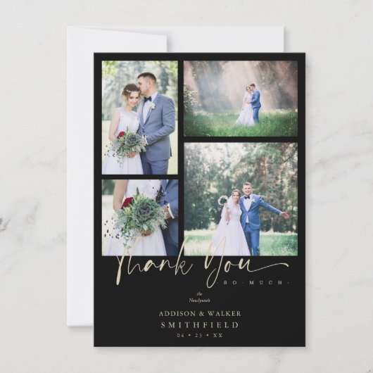 ブラックトレンディー結婚コラージュの4枚 サンキューカード (正面)