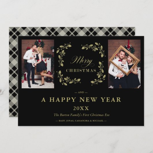 ブラックトレンドシックエレガントクリスマス2写真家族 シーズンカード (正面/裏面)