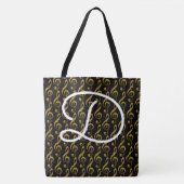 ブラックトートバッグと彼女の名前&トレブルクレフ、 音符記号 トートバッグ (正面)