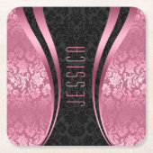 ブラックトーンとピンクトーンのフローラマスク スクエアペーパーコースター (正面)