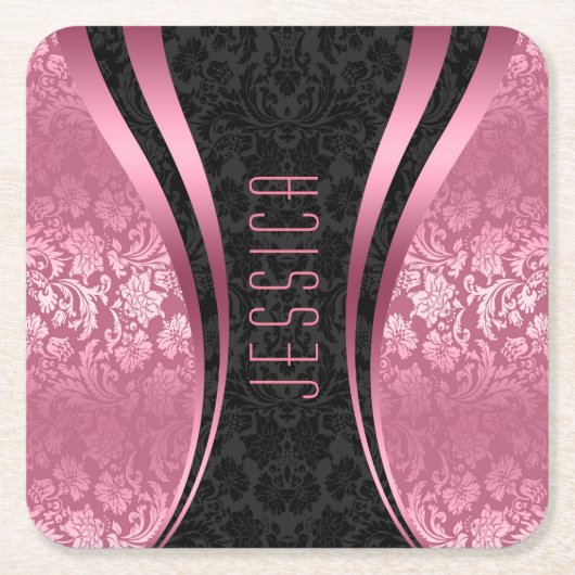 ブラックトーンとピンクトーンのフローラマスク スクエアペーパーコースター (正面)