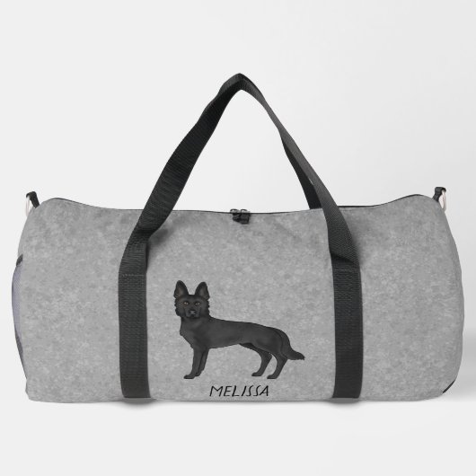 ブラックドイツシェパードドッグと名前をカスタムするグレー ダッフルバッグ (裏面)