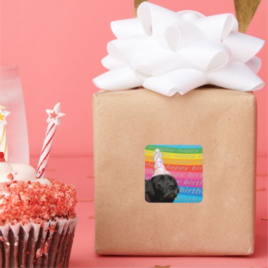 ブラックドッグカラフルハッピーバースデー文字シール スクエアシール (パーティー)