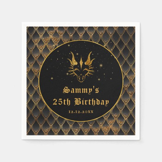 ブラックドラゴンはかりで測金ゴールドフェイクグリッター誕生日 スタンダードカクテルナプキン (正面)