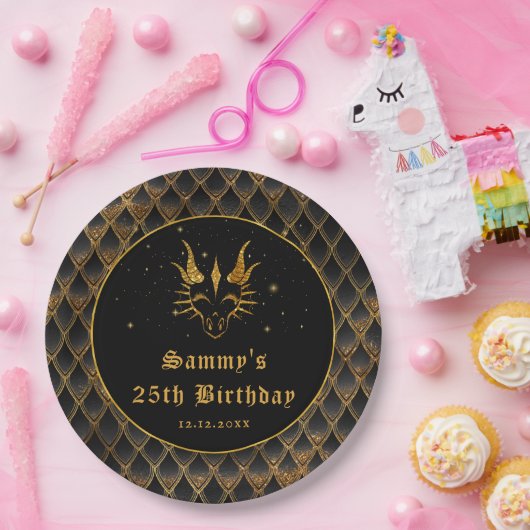 ブラックドラゴンはかりで測金ゴールドフェイクグリッター誕生日 ペーパープレート (パーティー)
