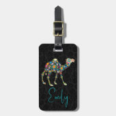 ブラックドラマ背景かわいいフローララクダ ラゲッジタグ (正面縦)
