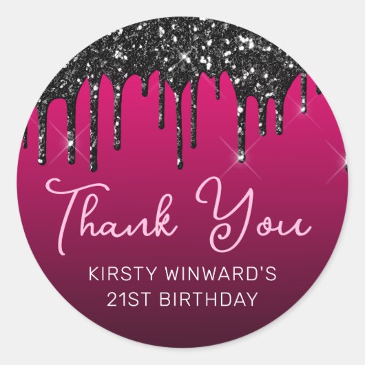 ブラックドリップグリッターオンピンク誕生日 ラウンドシール (正面)