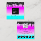 ブラックドリップ6パンチQRCodeLogoヘアーブルーピンク スクエア名刺 (正面/裏面)