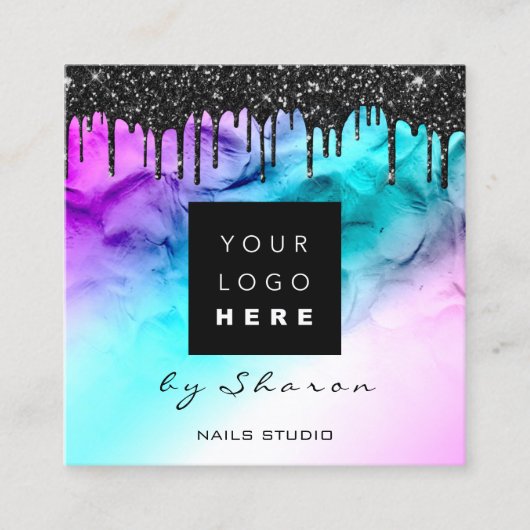 ブラックドリップ6パンチQRCodeLogoヘア爪、 ネイルピンク スクエア名刺 (正面)