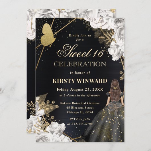 ブラックドレエレガントスブルネット女性フローラスウィート16 招待状 (正面/裏面)