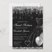 ブラックドレスとシルバー滴下グリッタースイート16 招待状 (正面)