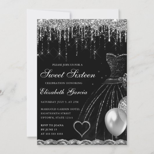 ブラックドレスとシルバー滴下グリッタースイート16 招待状 (正面)