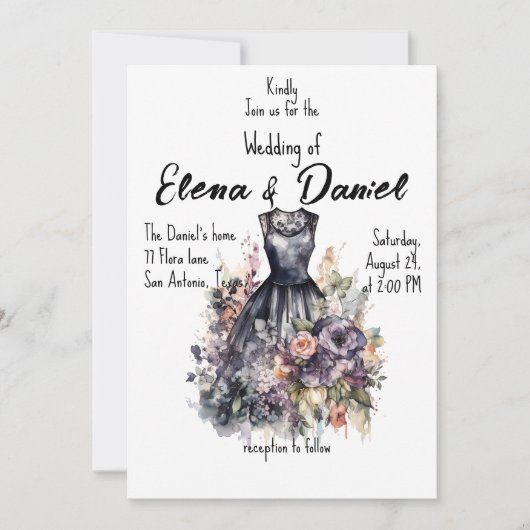 ブラックドレスウォーターカラーバラ結婚式招待状 招待状 (正面)