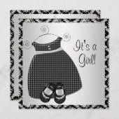 ブラックドレスシューズ黒ダマスクベビーガールシャワー 招待状 (正面/裏面)