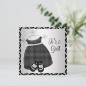 ブラックドレスシューズ黒ダマスクベビーガールシャワー 招待状 (スタンド正面)