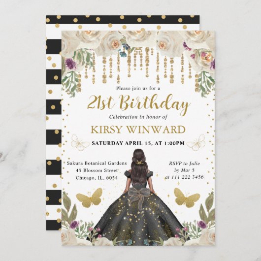 ブラックドレスダークスキンプリンセス誕生日 招待状 (正面/裏面)