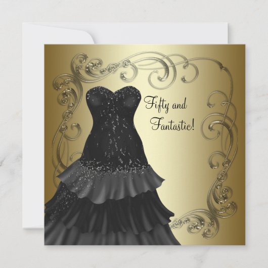 ブラックドレスブラック金ゴールド女性50thバースデーパーティー 招待状 (正面)
