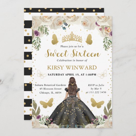 ブラックドレスブルネットプリンセススウィート16 招待状 (正面/裏面)
