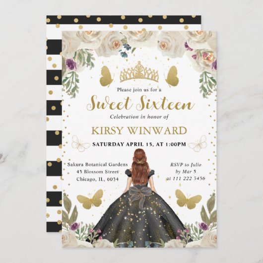 ブラックドレスレッドヘアプリンセススウィート16 招待状 (正面/裏面)