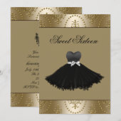 ブラックドレス ゴールドシャンデリア スイート16 誕生日 招待状 (正面/裏面)