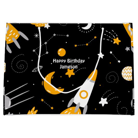 ブラックナイトスカイアウタースペースロケット誕生日 ラージペーパーバッグ (正面)