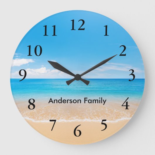 ブラックナンバエレガントーアクアビーチシーンペルソナライズ ラージ壁時計 (正面)
