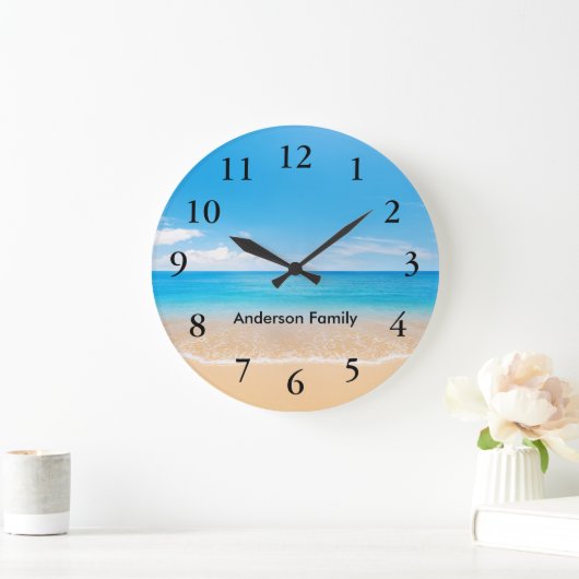 ブラックナンバエレガントーアクアビーチシーンペルソナライズ ラージ壁時計 (ホーム)