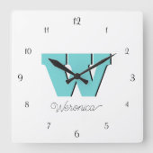 ブラックナンバエレガントーズ&パステルティール(緑がかった色)モノグラム スクエア壁時計 (正面)