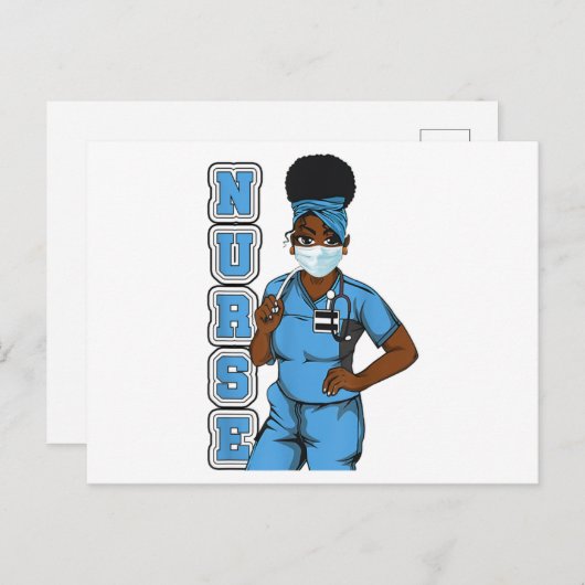 ブラックナースユニフォーム顔マスクアフロアフリカ女性 案内ポストカード (正面/裏面)
