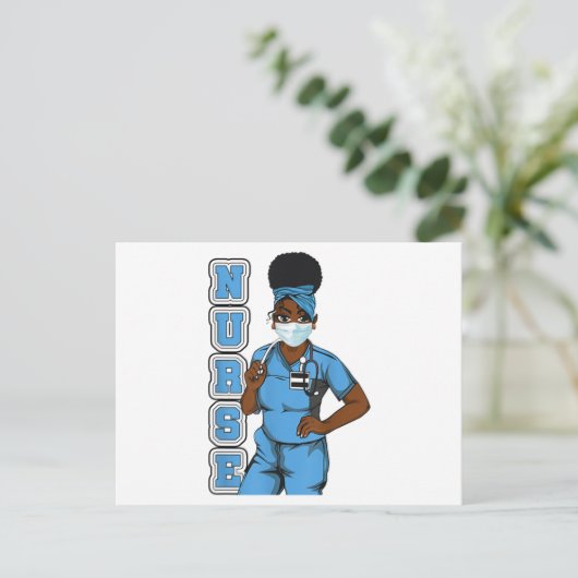 ブラックナースユニフォーム顔マスクアフロアフリカ女性 案内ポストカード (スタンド正面)