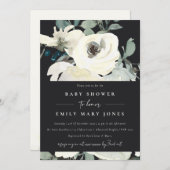 ブラックニュートラルアイボリーホワイトフローラバンチベビーシャワー 招待状 (正面/裏面)