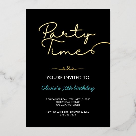ブラックニートゴールデンスクリプト50th誕生日パーティー 箔招待状 (正面)