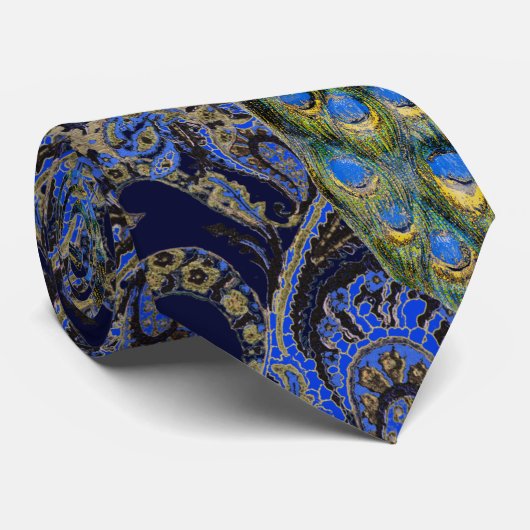 ブラックネイビーと金ゴールドヴィンテージペイズリー孔雀 ネクタイ (ロール)