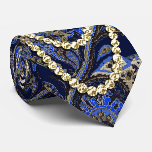 ブラックネイビーと金ゴールドヴィンテージペイズリー孔雀 ネクタイ (ロール)