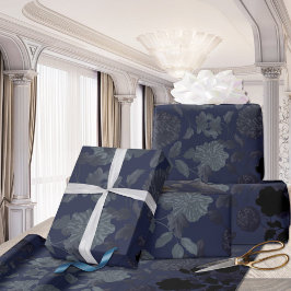 ブラックネイビーブルーモダンヴィンテージフローラトイル ラッピングペーパー