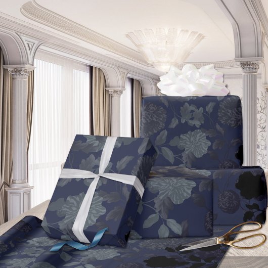 ブラックネイビーブルーモダンヴィンテージフローラトイル ラッピングペーパー