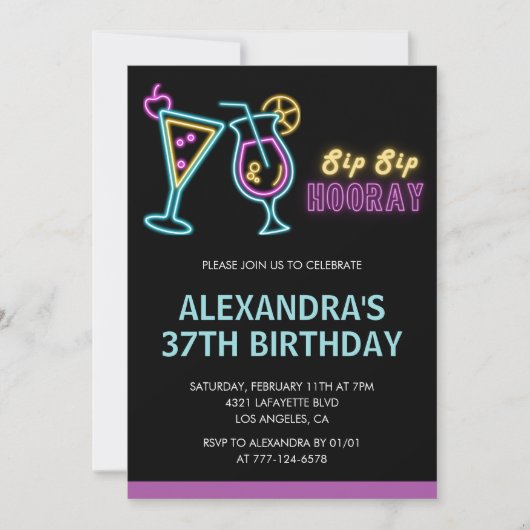 ブラックネオングローカクテルマルティーニ37歳の誕生日 招待状 (正面)